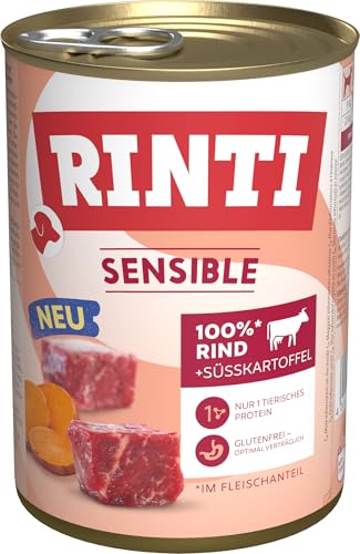 RINTI - Sensible | Nassfutter für Sensible, ausgewachsene Hunde mit natürlichen Fleischstücken. Getreidefreies Alleinfutter in der Dose ohne künstliche Zusätze | 6x400g Rind + Süßkartoffeln