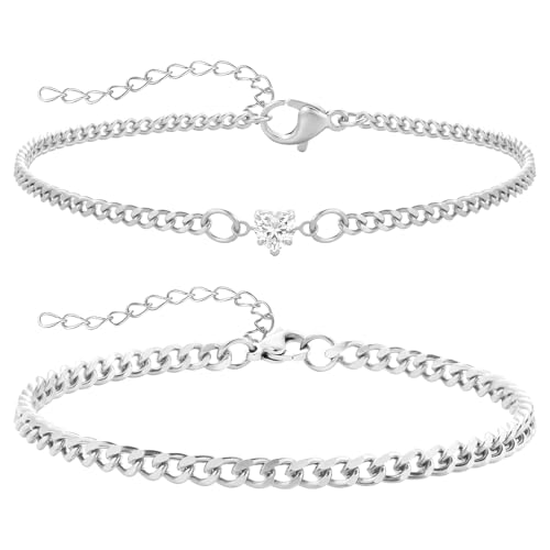 J.Fée 2 Stück Partner Armbänder Paar Armbänder Freundschaftsarmbänder Couple Armband Silber 925 Damen Partnerarmbänder Permanent Armband mit Herz Zirkonia Paar Geschenke Mutter Tochter Geschenk