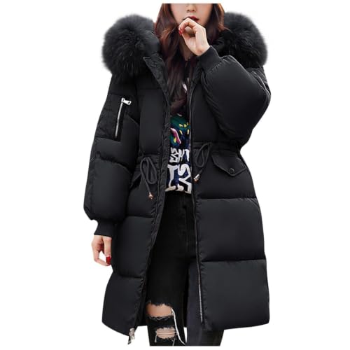 Generisch Winterjacke Damen Grosse Grössen, Wintermantel Damen Lang: Winterjacke Mit Schrägem Reißverschluss Mit Kapuze Kapuzenmantel Fleece Outdoorjacke Winddicht Parka Flauschmantel Schwarz XL