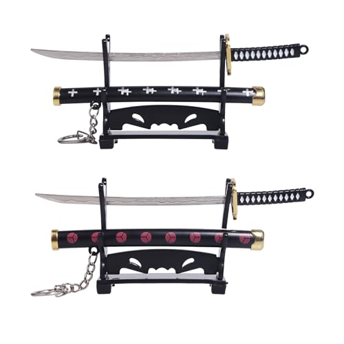 Gebiuhoo 2 Stück Katana schlüsselanhänger Anhänger für One Piece Fans 15CM Katana Dekoration mit Schwertscheide und 2 Messerhalter Zur Präsentation oder als Schlüsselanhänger