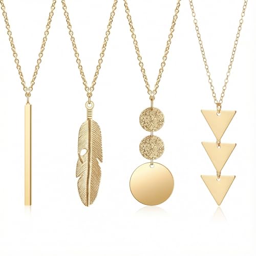 Sliverdew Lange Goldkette für Damen, 4-teilige Trendige Anhängerketten mit Stab-, Kreis-, Feder- und Dreieck-Charms, Modeschmuck für den Alltag, Party, Hochzeit, Geschenk - 28 Zoll Kette