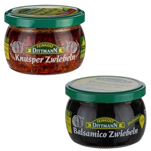 Feinkost Dittmann Zwiebel-Duo – Balsamico Zwiebeln & Knusper Zwiebeln im 2er Set – Süß-säuerlich & knusprig – Ideal zu Käse, Fleisch, Antipasti, Pasta – 220g + 185g Gla