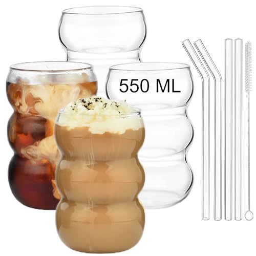 ALINK Bubble Gläs 4er Set Trinkglas,550ml gerippte trinkgläser,wave glas,Latte Macchiato Gläser,Eiskaffee Gläser,Longdrinkgläser,Cocktailgläser