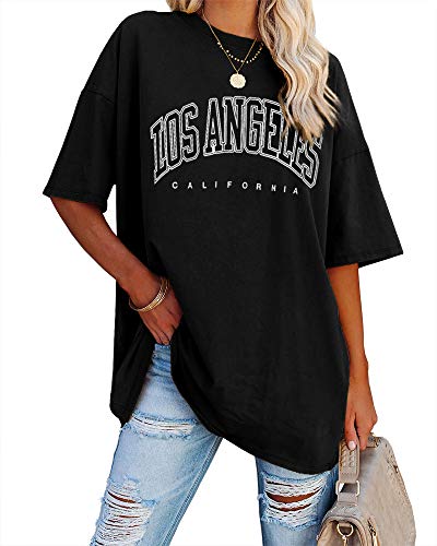 Ebifin Oversize T Shirt Damen Vintage Kurzärmeliges Rundhals Los Angeles Oberteile Tops Casual Lockere Basic Sommer Tee Shirts Bluse.Schwarz.L