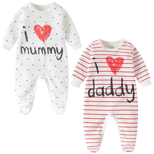 aomomo Baby Strampler Set 2-teilig „I Love Mummy & Daddy“ – Langarm Baby Schlafanzug aus Baumwolle, Unisex Neugeborenen Overall für Jungen & Mädchen (DE/NL/SE/PL, Alter, 3 Monate, Weiß)