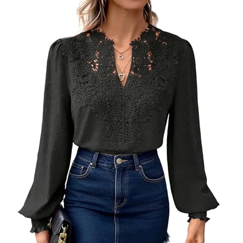 CUVZORA Damen Boho Bluse Langarmshirt Elegant Fließend V-Ausschnitt Oberteile für Herbst mit Spitze und Pailletten Glitzer Oberteil Damen für Silvester Outfit Stylish Causal Kombination