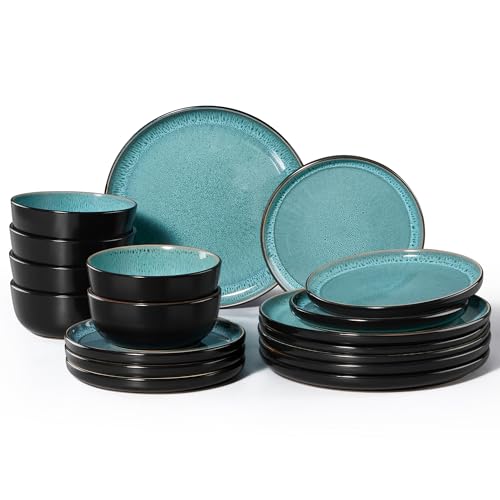 HaWare Geschirrset 6 Personen, 18-tlg Steingut Geschirr Teller Set Reaktive Glasur Tafelservice Set mit Speiseteller Dessertteller und Müslischüsseln, Mikrowellen- und Spülmaschinenfest, Türkis
