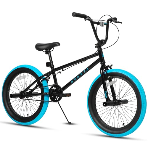 AVASTA 20 Zoll Freestyle BMX Fahrrad für Kinder & Jugendliche von 6 7 8 9 10 11 12 13 14 Jahren, Jungen & Mädchen, Anfänger, mit 4 Pegs, Schwarz mit blauen Reifen