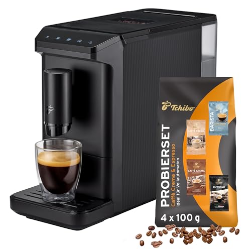 Tchibo Kaffeevollautomat Esperto mini für Caffè Crema und Espresso, nur 16cm breit, klein und kompakt, geeignet für jede Küche, Camping, Studentenapartment, Schwarz - INKLUSIVE Kaffeeprobierset GRATIS