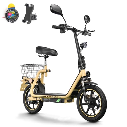 TWOFISH Elektro Moped 500W mit 48V 13Ah Akku, EEC Zertifiziert, 30 km Reichweite, 14 Zoll Reifen, 45 km/h, Motorroller mit Straßenzulassung, Elektro Motorrad mit Sitz & Korb, M5 Elite E (Gelb)