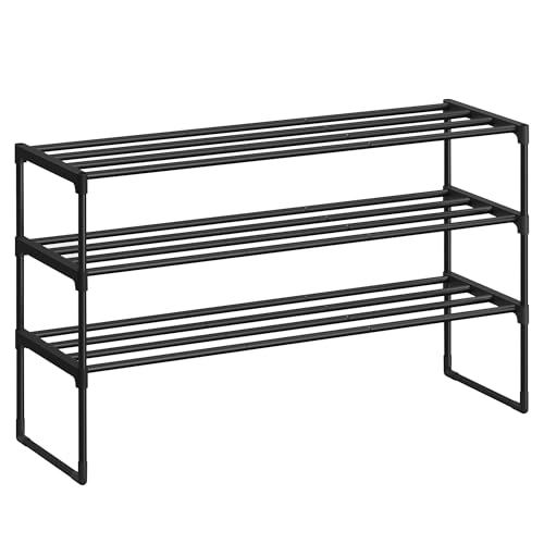 SONGMICS Schuhregal 3 Ebenen, Schuhständer Metall, Schuhaufbewahrung, Schuh-Organizer, aufrecht oder umgedreht, für 16-20 Paar Schuhe, stapelbar, Flur, 30 x 92 x 55 cm, schwarz LSA303B02