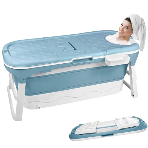 XMTECH Faltbare Badewanne Erwachsene, Mobile Badewanne freistehend für Badezimmer 128x60x53cm, Tragbare klappbare Bathtub XL mit Badewannenablage & Massagerollen für kleines Badezimmer & Outdoor