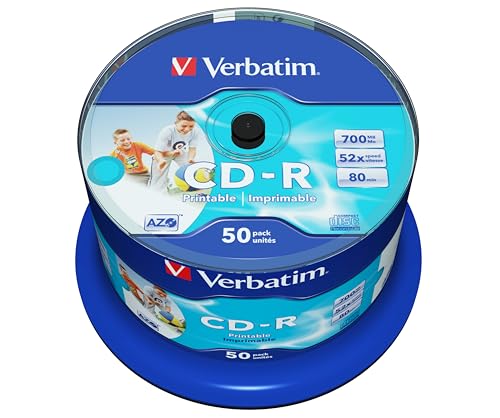 Verbatim CD-R AZO Wide Inkjet Printable 700 MB, 50er Pack Spindel, CD Rohlinge, 52-fache Brenngeschwindigkeit mit langer Lebensdauer, leere CDs bedruckbar, Audio CD Rohling