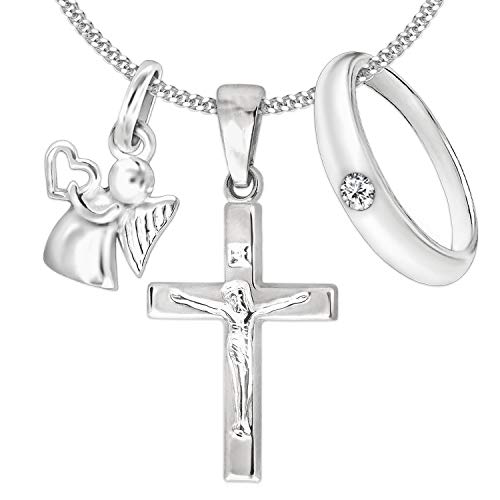 CLEVER SCHMUCK Set Kinder Taufkette 3 Silberne Anhänger Jesus Kreuz 17mm & Taufring Zirkonia weiß & Mini Engel mit Herz & Kette Panzer 38cm STERLING SILBER 925 im Schmucketui