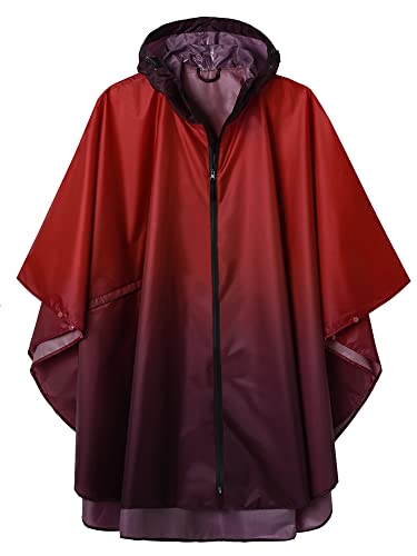 Regen Poncho Jacke Mantel für Erwachsene mit Kapuze wasserdicht mit Reißverschluss im Freien, Rot+Violett