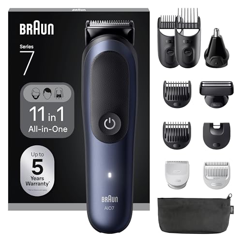 Braun All-in-One Trimmer-Set 7, 11-in-1 Multigroom, Barttrimmer, Nasenhaartrimmer, Haarschneidemaschine für Gesicht, Kopf und Körper, 120 Min Akku, 14 Längen (3–21 mm), Wasserdicht, AIO7540, Blau