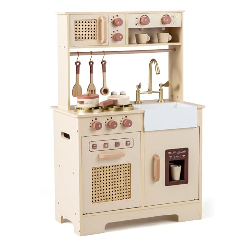 COSTWAY Kinderküche, Spielküche mit Licht & Sound, Puppenküche mit Herd, Mikrowelle, Kaffeemaschine, Backofen & Eiswürfelmaschine, Holzküche inkl. Zubehör, Spielzeugküche für Kinder ab 3 Jahren