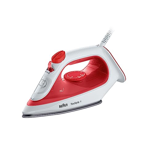 Braun Dampfbügeleisen TexStyle 1 SI1019RD, Bügeleisen, Antihaftbeschichtete Bügelsohle, 120 g/min Dampfstoß, Leitungswassergeeignet, schnelles Aufheizen (35 Sek.), 220 ml, 1.900 Watt, Rot