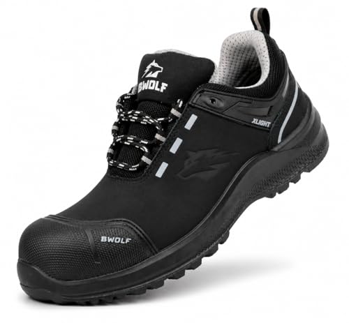 BWOLF Defender S3 Arbeitsschuhe Herren Sicherheitsschuhe aus wasserabweisendem Nubukleder, Kevlar-Kappe und Zwischensohle, rutschfest (Schwarz, EU Schuhgrößensystem, Erwachsene, Numerisch, M, 43)