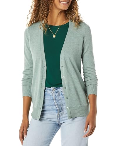 Amazon Essentials Damen Leichter Cardigan mit V-Ausschnitt (in Übergröße erhältlich), Salbeigrün Meliert, L