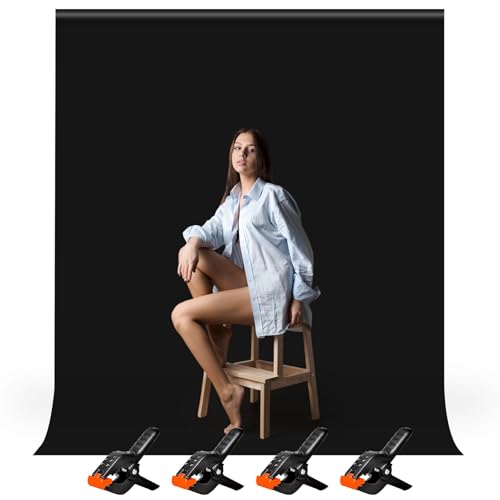 Heysily Fotohintergrund Schwarz 1,5x2m - Fotografie Hintergrund Abwaschbarer für Fotostudio, Streaming, YouTube, Online-Meeting, Zoom & Videoproduktion, Tragbar & Faltbar Backdrop mit 4 Klemmen