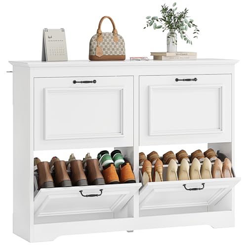Brinlawb Schuhschrank Weiß Schuhkipper mit 4 Klappen, Schuhkommode Schuhregal mit Trennwände verstellbar und abnehmbar, für 18-24 Paar Schuhe, Schuhschrank Holz für den Eingang, Flur, Wohnzimmer Weiß
