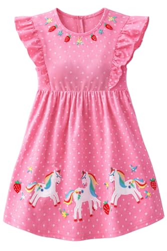 Alleen Prinzessin Kleid Mädchen aus 100% Baumwolle - Bequeme Sommerkleid mit Einhorn-Stickerei für Tägliches Tragen und Feste (122, Hellrosa)