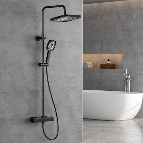 FORIOUS Duschsystem mit Thermostat,Edelstahl Duscharmatur Komplettset mit 25 cm Quadratisch-Overhead Regendusche,90-125cm Höhenverstellbare Duschstange, 3 Strahlarten ABS Handbrause Schwarz
