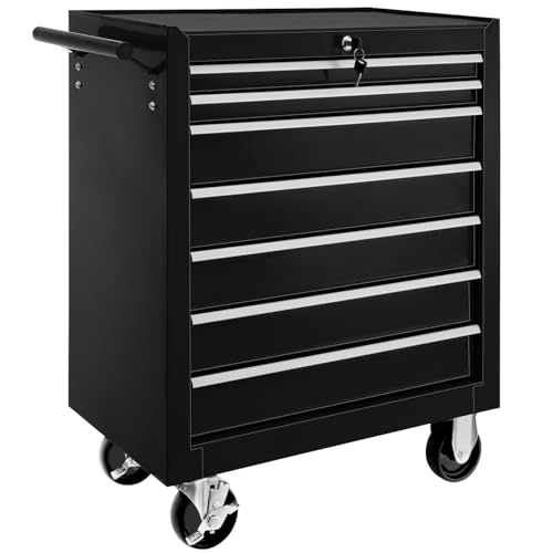 tectake Werkzeugwagen, Werkstattwagen, rollende Werkstatt, Werkzeugwagen leer, Werkzeugbox, 7 Schubfächer, 69 x 33 x 79 cm, Rollen mit Bremsen, inkl. 2 Schlüssel - schwarz