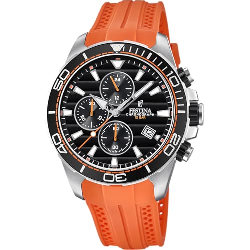 Festina Herren Uhr Analog mit Orangem Kautschukarmband - Quarzwerk - Sportliche Herrenuhr - Chronograph - Kalender - Mineralglas - Wasserdicht bis 10 ATM F20370/4 Special Prices