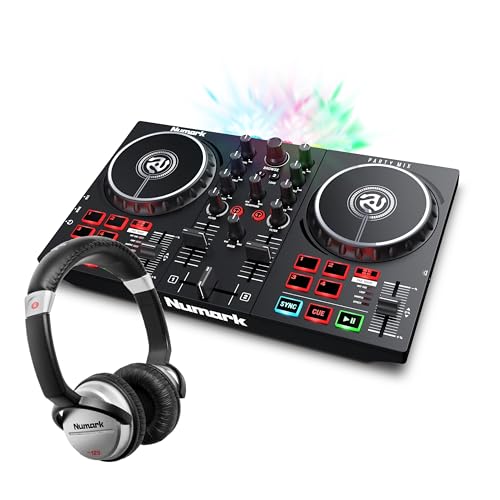 Numark Party Mix II + HF 125 – Einsteiger DJ Controller Set mit DJ-Lichtern, Mixer und DJ Kopfhörer