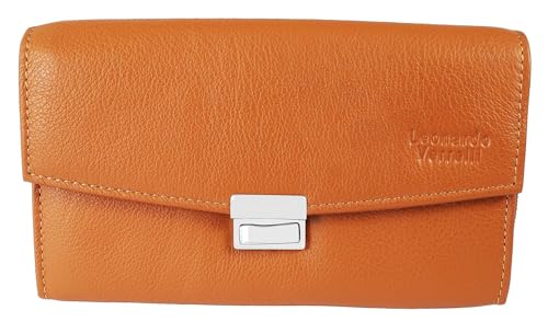 LEONARDO VERRELLI Kellner-Geldbörse aus Rindsleder Cognac, Portemonnaie für Damen & Herren, Querformat 10,5 x 17 x 4,5 cm, Steckverschluss, 5 Scheinfächer & Münzfach, Kellnerbörse Gastronomie