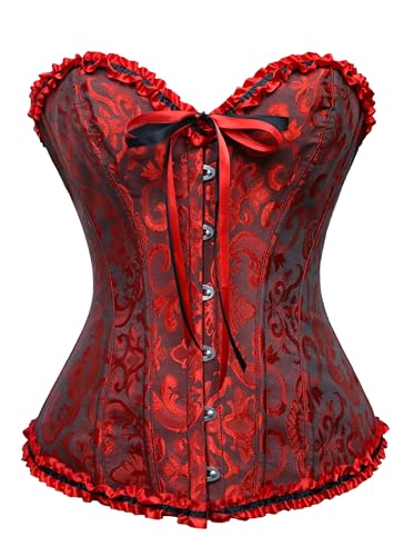Wikoan Korsett Damen Vollbrust Corsage Korsett Oberteil Gothic Vintage Corsagen Satin Floral Boned Bustier Corset Top für Halloween Karneval Schwarz-Rot 3XL