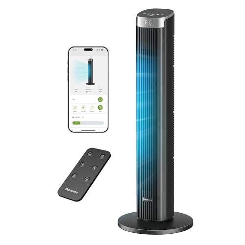 Pureborne 86CM Leiser Ventilator, 90° Oszillation Turmventilator, Standventilator mit Fernbedienung & WLAN,4 Stufen & 4 Modi, Adjustable Timer, Schwarz