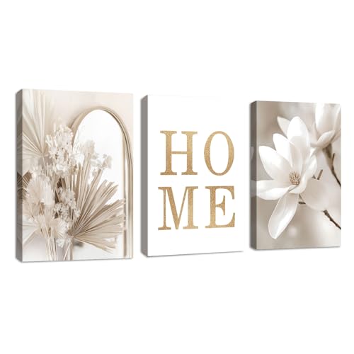 3 Pcs Boho Home Beige Cattail Leinwandbilder Bilder Set mit Rahmen, Moderne weiße Magnolie Wandbilder Schlafzimmer Bild Auf Leinwand Kunstdruck Deko für Wohnzimmer fertig zum Aufhängen 30x40cmx3