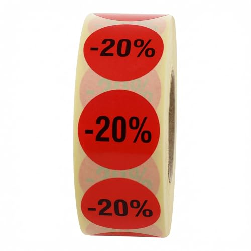Aktionsetiketten -20% - Ø 30 mm - 1.000 Rabattaufkleber auf Rolle, 40 mm Kern, Papier rot, selbstklebend
