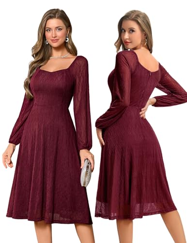 Bbonlinedress festliches Cocktailkleid Damen Langarm Abendkleider elegant für Hochzeit midilang Brautkleid Winter Party Rockabilly Vintage Kleider Burgundy M