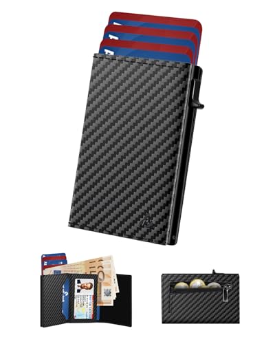 dwnkove Kartenetui Herren, Slim Wallet mit Münzfach & RFID Schutz & ID-Fenster, Pop-Up Smart Wallets for Men, Leder Portmonee Geldbeutel kartenetui für Karten, Kreditkartenetui Herren, Carbon Design