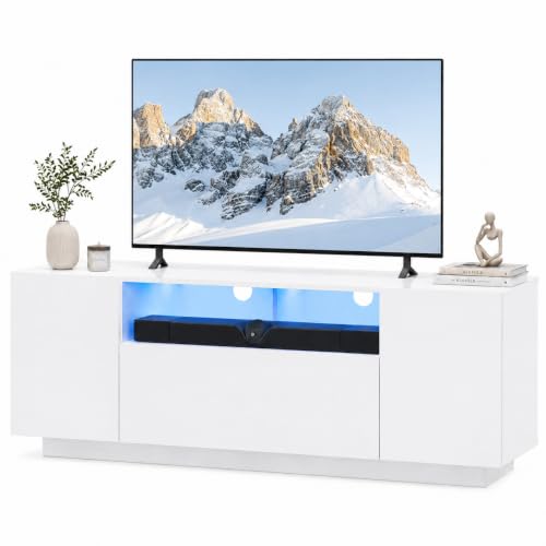 WLIVE TV-Schrank LED für Fernseher bis zu 55 Zoll, TV Lowboard mit Großem Stauraum, Fernsehtisch mit RGB LED-Beleuchtung, TV Board für Wohnzimmer Schlafzimmer, Weiß