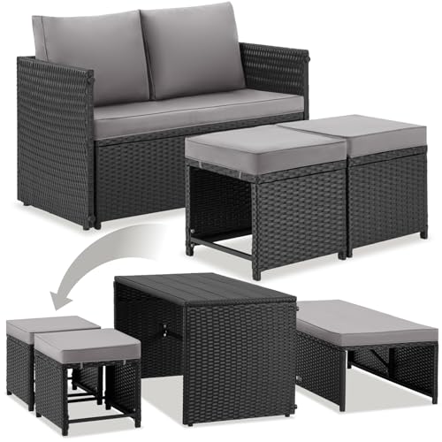 TecTake® 2in1 Rattanlounge für 4 Personen, Set mit Tisch mit Schraubfüßen, Tischoberfläche in Holzoptik, Polyrattan Gartenmöbel, als Gartensofa oder Sitzgruppe, Terrassenmöbel, Lounge - schwarz