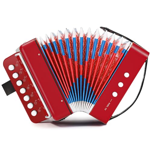 Akkordeon Kinder Ziehharmonika, 10 Tasten Knopf Akkordeon mit Riemen, Ziehamonikar Musikinstrument Geschenk für Anfänger, Akkordeon Erwachsene und Kinder ab 3 Jahre, Rot