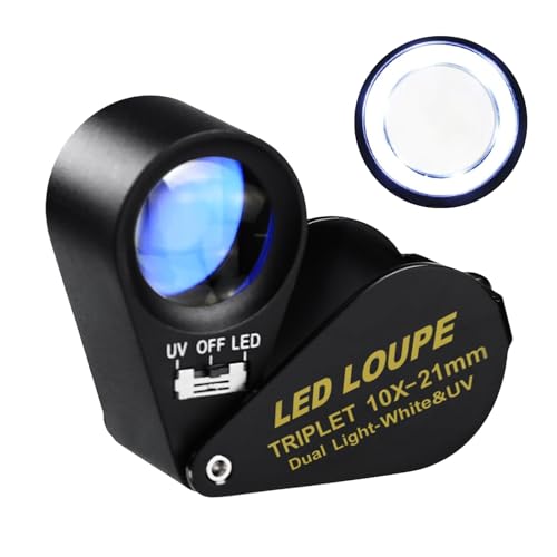 Juwelier Lupe, 10X Vergrößerung Beleuchtete Juwelierlupe, Metall Faltbare Schmucklupe mit 6 LED & UV Licht Taschenlupe für Uhrmacher Juwelier 21mm Lupen für Edelsteine, Schmuck, Münzen, Briefmarken