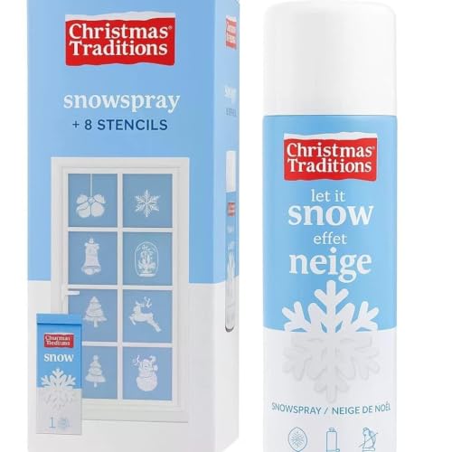 FÜNDIG Schneespray 150ml Set mit 8 Weihnachts-Schablonen - Künstlicher Sprühschnee für Fenster Deko - Weiße Winterdekoration für Weihnachten - Rückstandslos Entfernbar