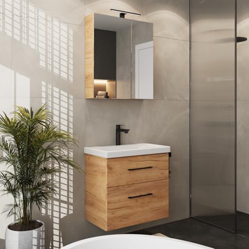 Planetmöbel Badmöbel Set Waschtisch mit Unterschrank 63 x 60 x 36,5 cm, Spiegelschrank 60 cm mit LED-Leuchte (schwarz matt) & Steckdose, Moderne Badezimmer Möbel, Gold Eiche