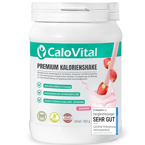 Trinknahrung hochkalorisch für Gewichtszunahme | Kohlenhydrate & Eiweiß als Kalorien Shake | Hochdosiert mit vielen Vitaminen | CaloVital - Premium Qualität aus Deutschland (Erdbeere 500g), Pulver