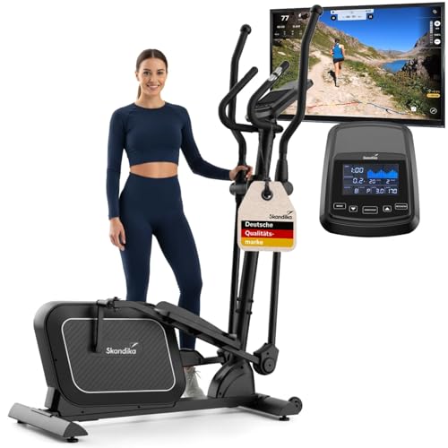 Skandika Crosstrainer für Zuhause Fint P8-R | Heimtrainer leise, 32 Stufen, 22 Programme, bis 120 kg, Kinomap App kompatibel, 8 kg Schwungmasse, Ellipsentrainer | Ellipsen Crosstrainer Fitness Sport