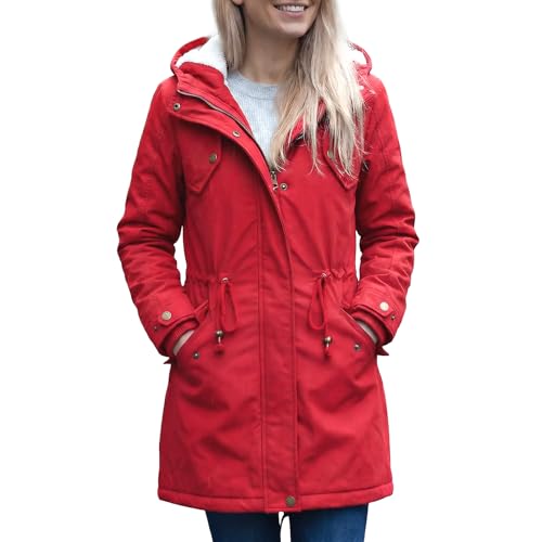 YYNUDA Wintermantel Damen Warm Gefüttert Winter Parka Mittellang Winterjacke Winterparka mit Fellkapuze Dicke Coat Große Größen #337 Rot 3XL