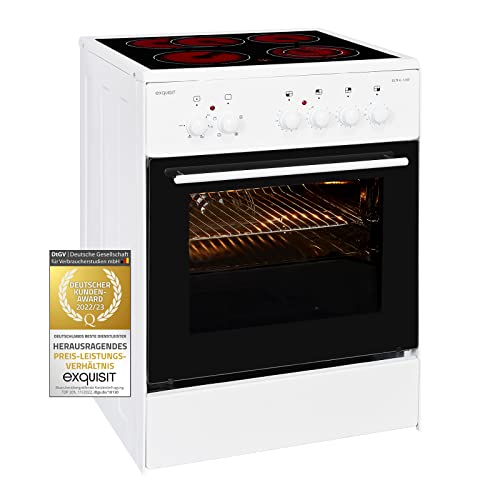 Exquisit Standherd ECM 6-4 BZ | Elektro-Standherd | 2-Kreis-Bräterzone | 60 cm | Glaskeramik-Kochfeld | 61 L Garraum | Weiß