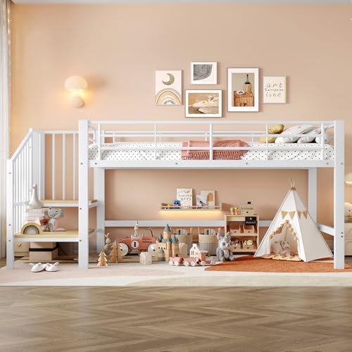 NuvlaGu Halbhohes Hochbett 90x200 cm mit Stauraumtreppe – Kinderbett mit stabilem Metallrahmen & Lattenrost, platzsparendes Hochbett mit sicherem Aufstieg & viel Stauraum, Schwarz (White)