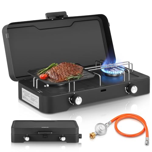 FOHERE Campingkocher, 2-flammiger Propangaskocher, tragbarer Tischkocher | mit verstellbaren Brennern, Deckel, 20.000 BTU Leistung für Camping, Grillen, Barbecue und Kochen im Freien